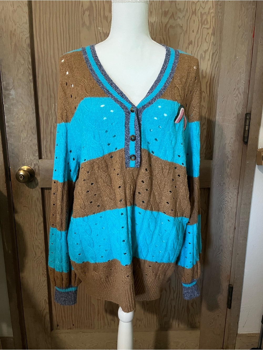 torrid Turquoise and Brown Striped V-Neck Button Pullover